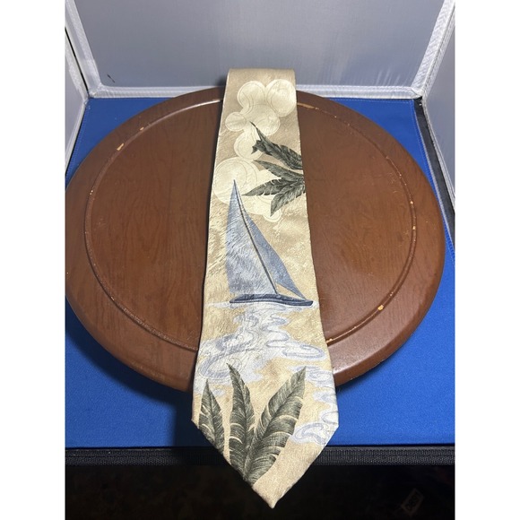 Haggar Black Label Multicolor Men's 100% Silk Tie Sailboat Palm Necktie Vacation - Picture 1 of 6